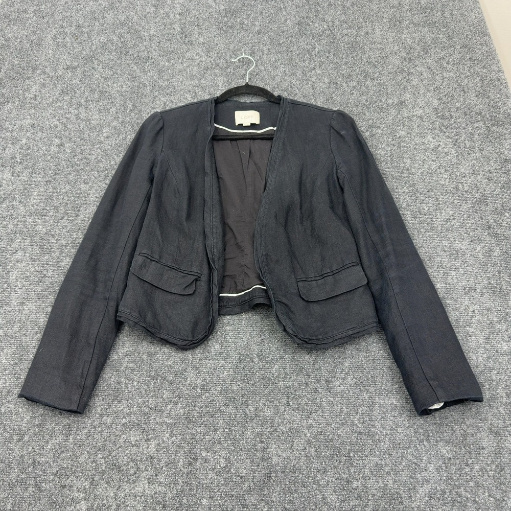 Ann Taylor Loft Blazer Women XS Black Linen Cropped Open Front Professional